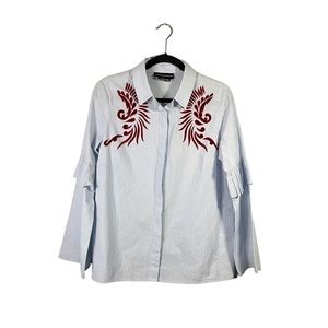 Hemant & Nandita Blue White Red Button Down Shirt Blouse Statement Ruffle Sleeve